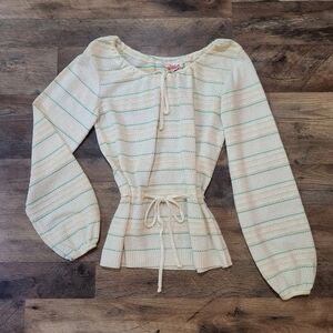 Vintage 70's Marabella Knits Off-White Green Striped Waist-Tie Top Size Small